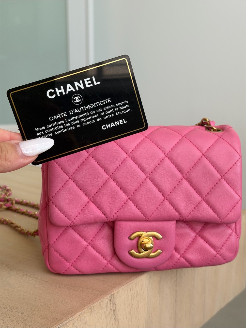 CHANEL Lambskin Pearl Crush Square Flap Mini Pink